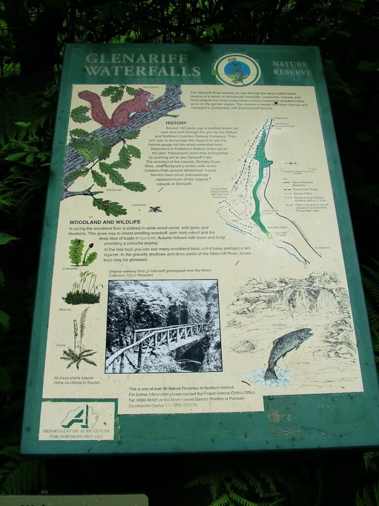 glenariff waterfalls sign, glenariff forest park, northern ireland