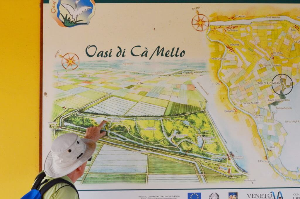 sign for oasi di ca' mello, parco regionale veneto del delta del po, po river delta, italy