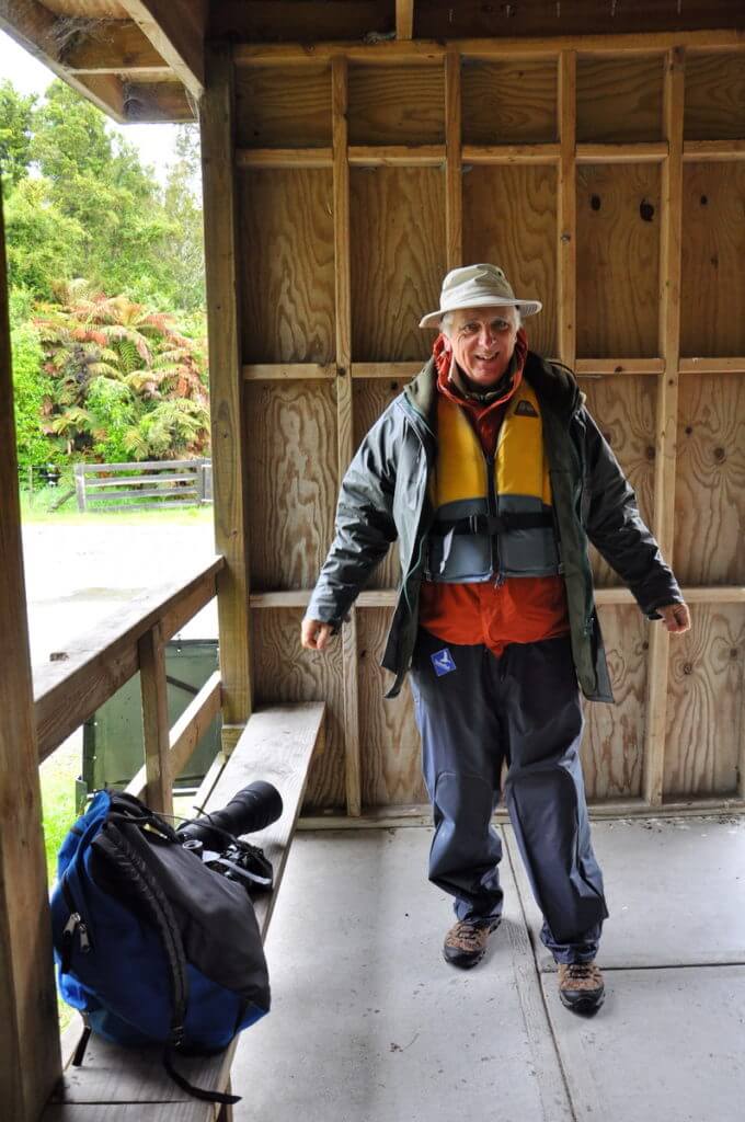 bob inside staging building, white heron tours, waitangiroto river, south island, new zealand