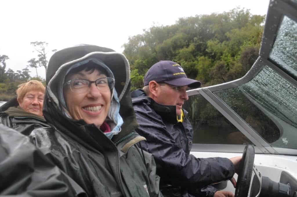 jean in tour boat, white heron sanctuary, south island, new zealand