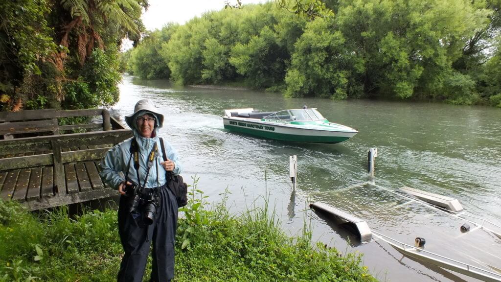 jean ready to board the boat, white heron sanctuary tours, south island, new zealand