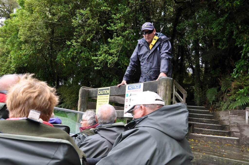 dion gives briefing, white heron sanctuary tours, south island, new zealand