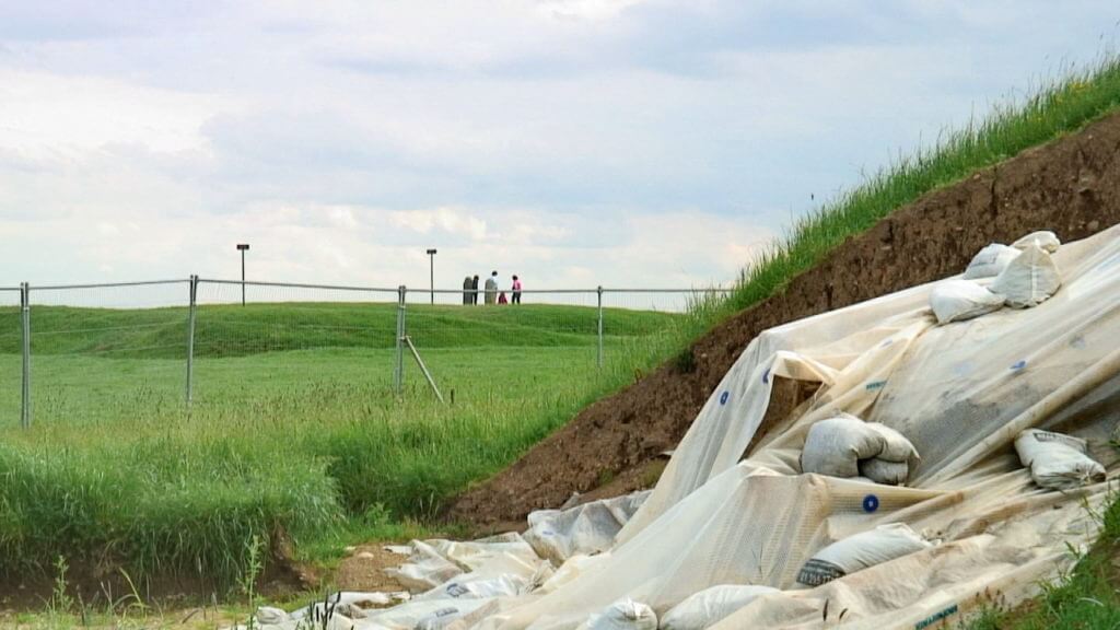 reconstruction work on the mound of the hostages, the hill of tara, county meath, ireland