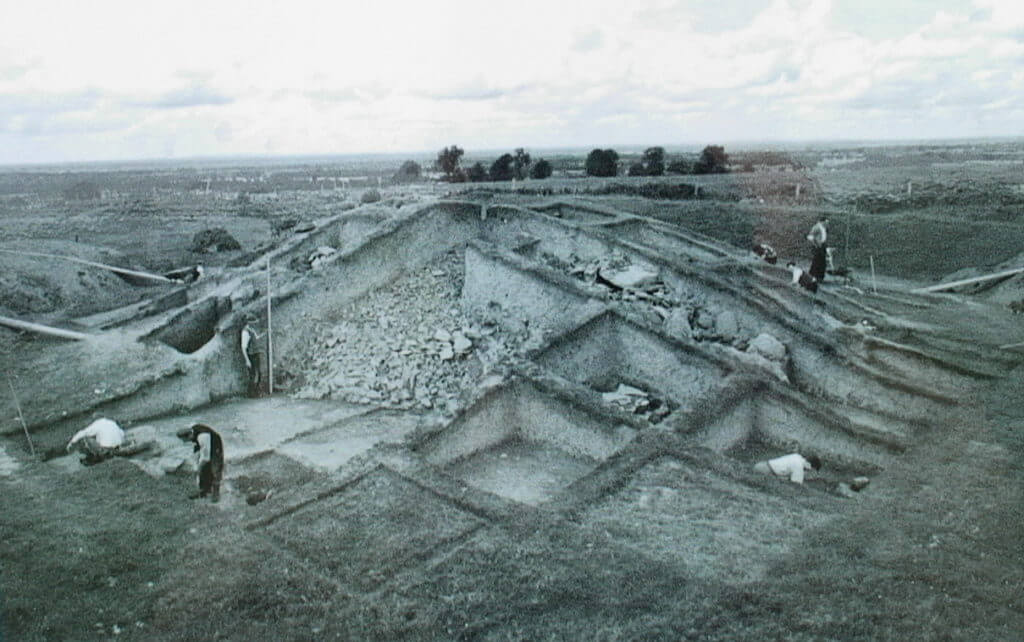 reconstruction work on the mound of the hostages, the hill of tara, county meath, ireland