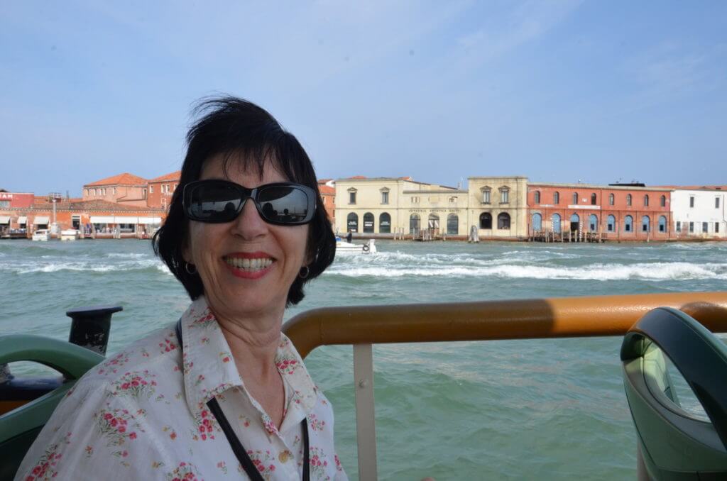 jean on a water taxi, venice, italy