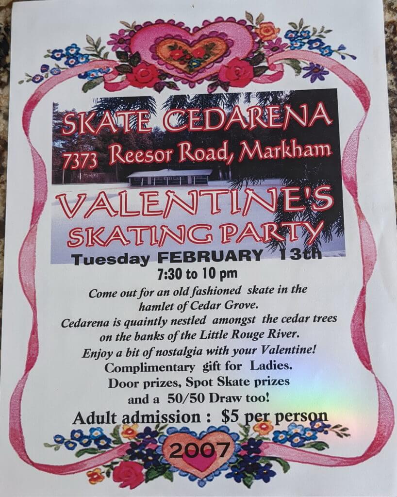poster for valentine's skating party 2007, cedarena, cedar grove, markham, ontario