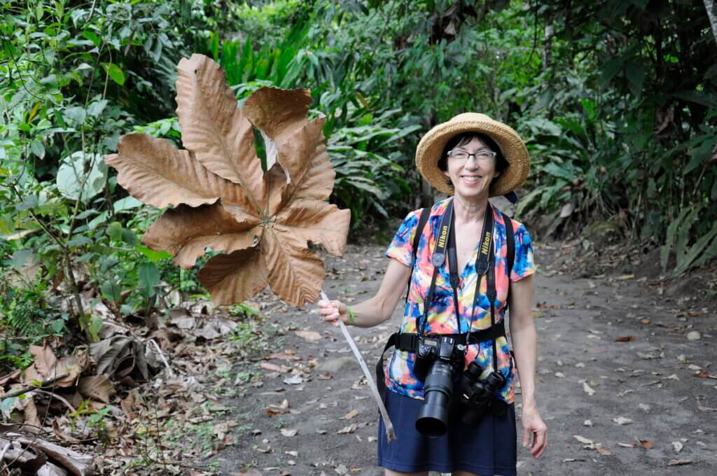 jean with huge leaf, sloth walk, la fortuna, costa rica