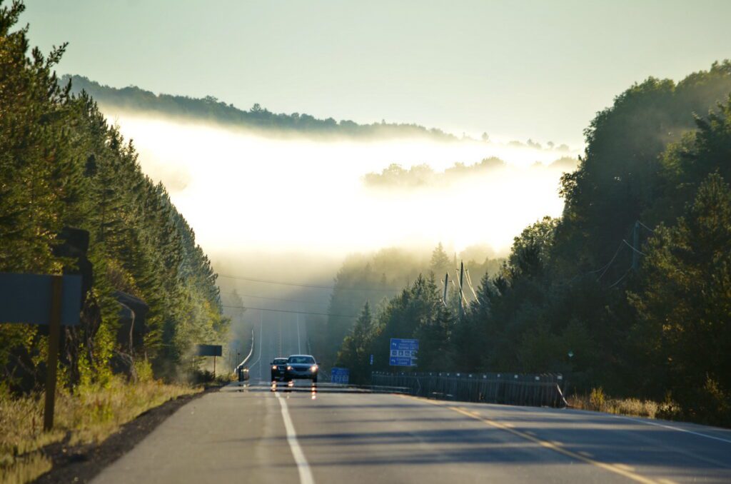 Image of cars driving through fog along highway 60 in Algonquin Provincial Park in Ontario, Canada.