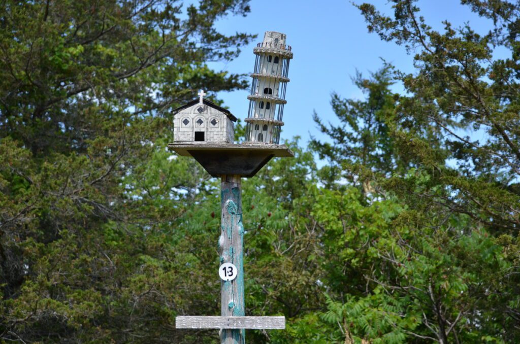 image of leaning tower of pisa birdhouse, birdhouse city, picton, ontario