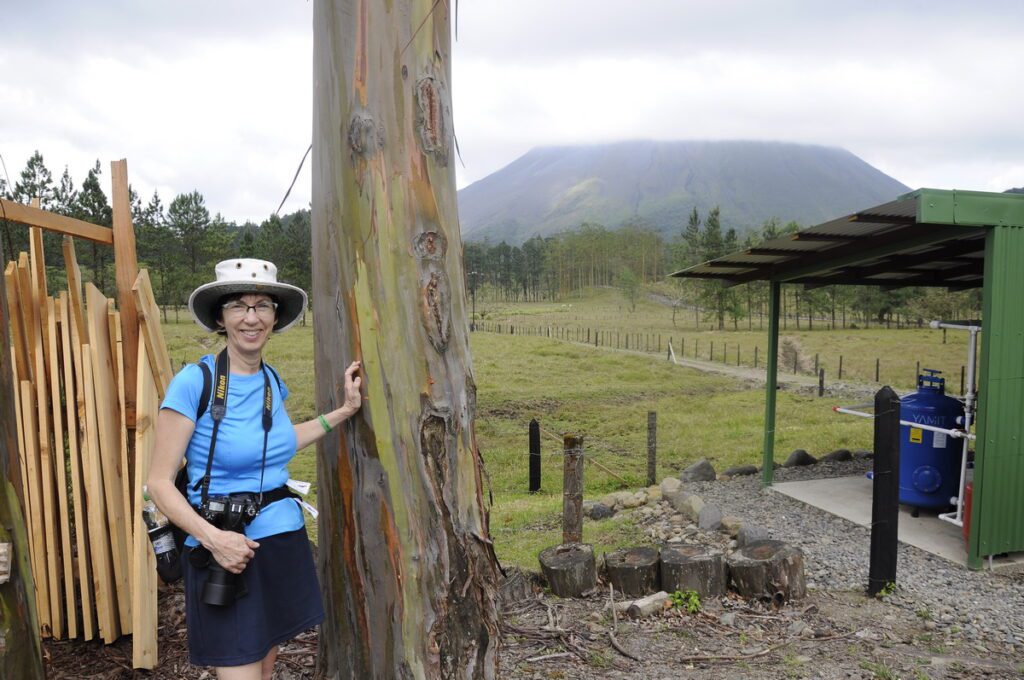 image of jean beside a rainbow eucalyptus tree, arenal observatory, costa rica