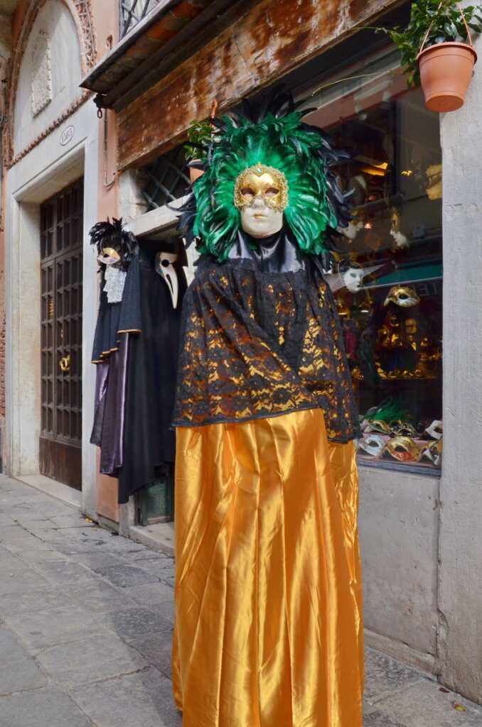 image of jean in a volto mask and costume, venice, italy