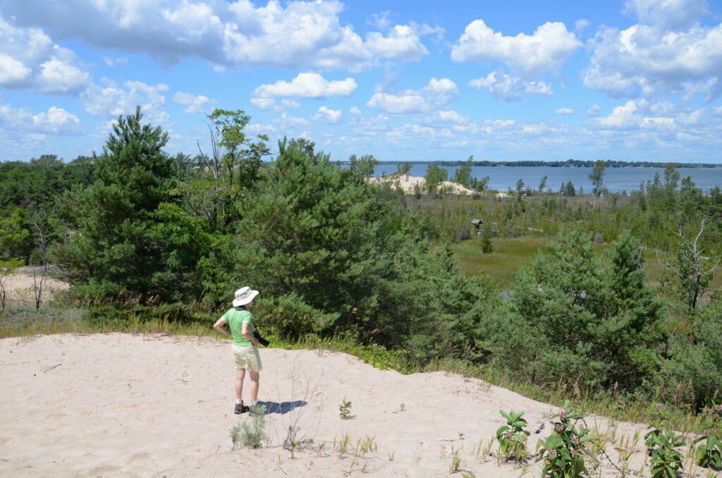an image of jean looking toward west lake, dunes trail, sandbanks provincial park, ontario