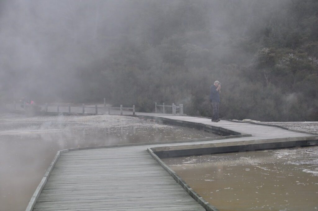 image of bob on the boardwalk, artist's palette, wai-o-tapu thermal wonderland, new zealand