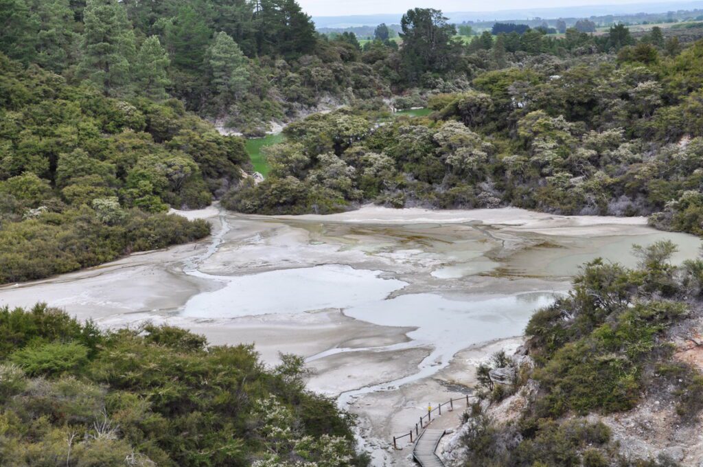 image of frying pan flat and lake ngakoro, wai-o-tapu thermal wonderland, new zealand