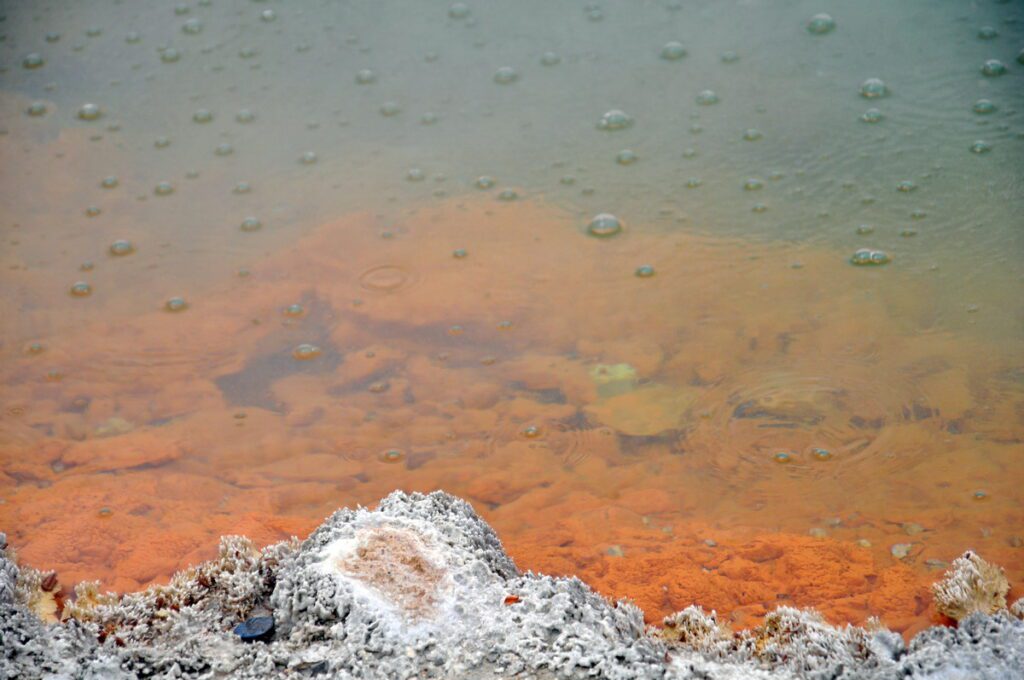 image of bubbles in champagne pool, wai-o-tapu thermal wonderland, new zealand