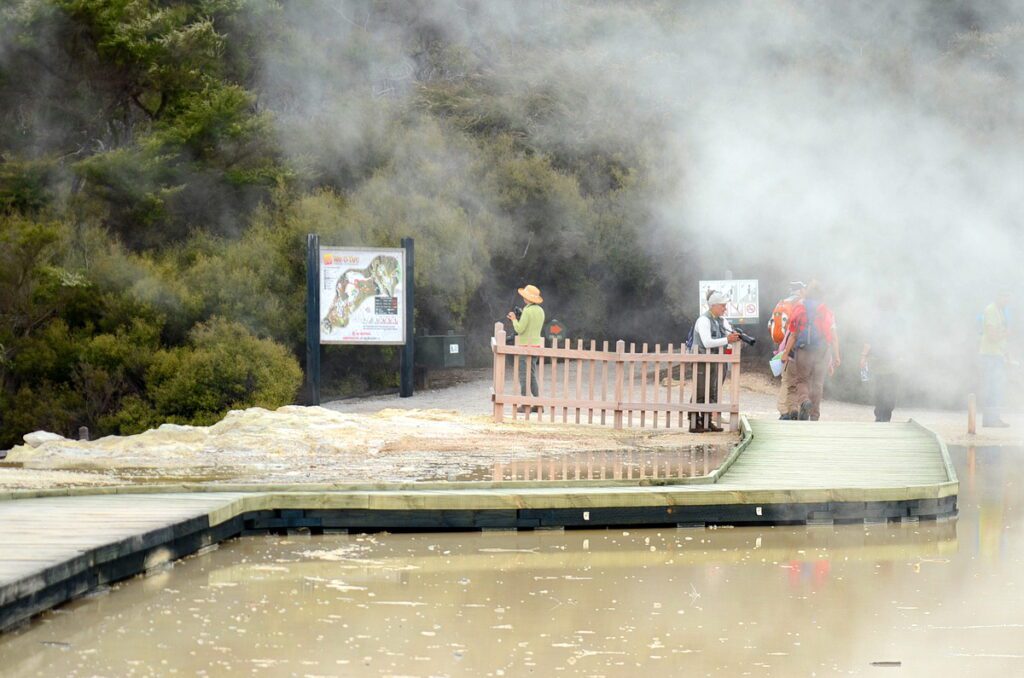 image of boardwalk over artist's palette, wai-o-tapu thermal wonderland, new zealand