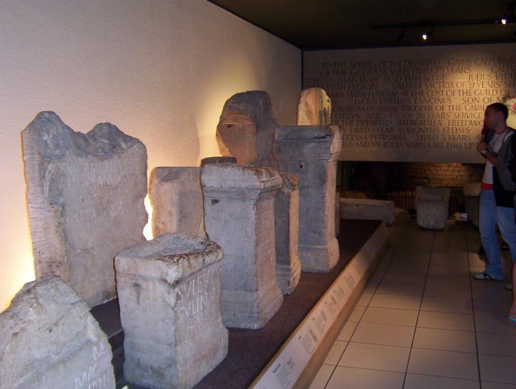 image of ancient tombstones, museum of roman baths, bath, England