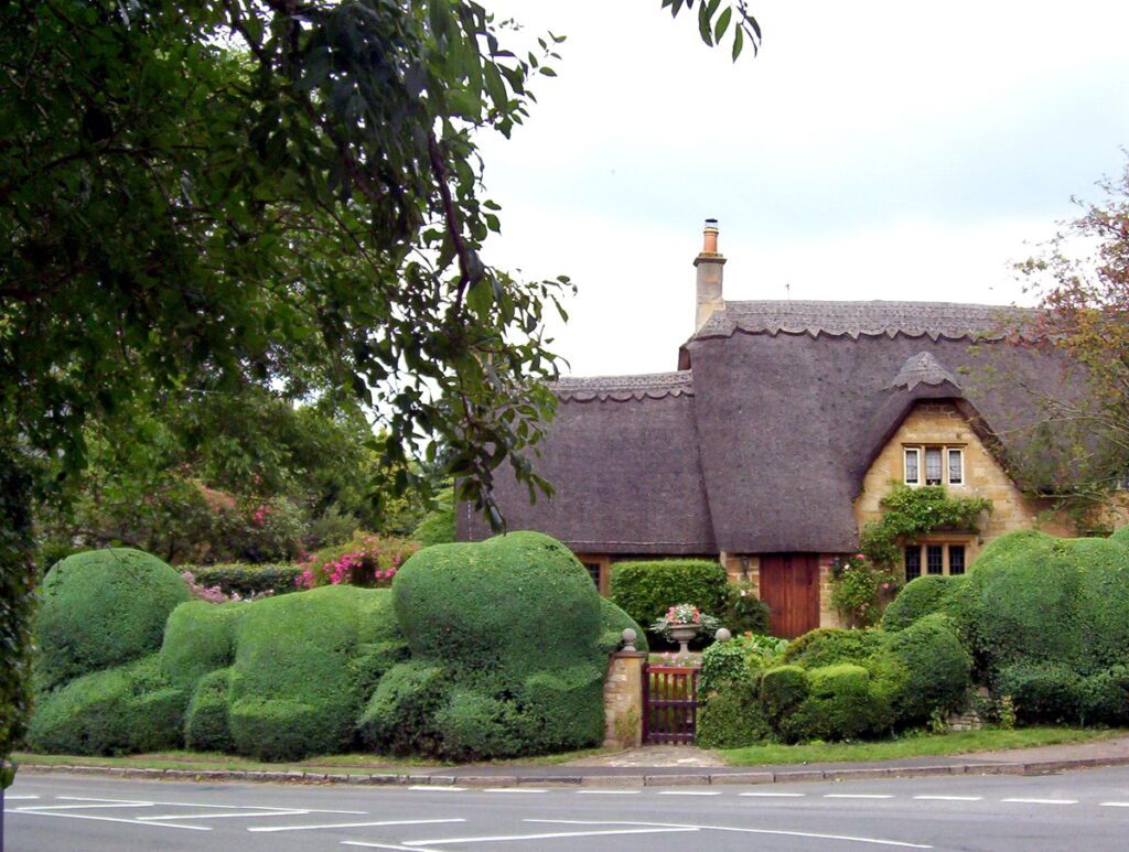 image of a thatched cottage and manicured hedge, chipping campden, england