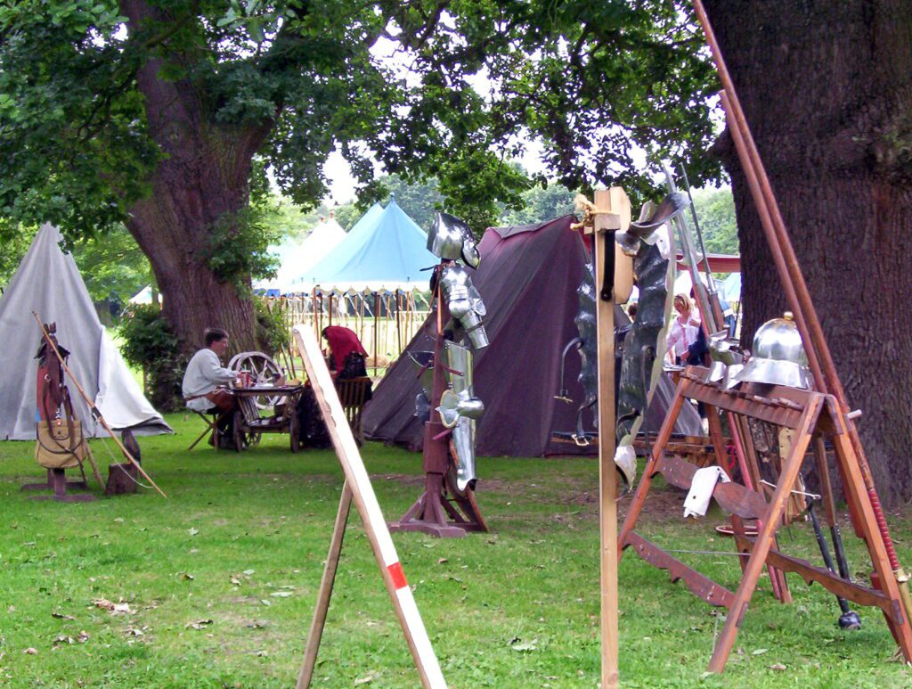 image of an encampment on pageant field, warwick castle, england