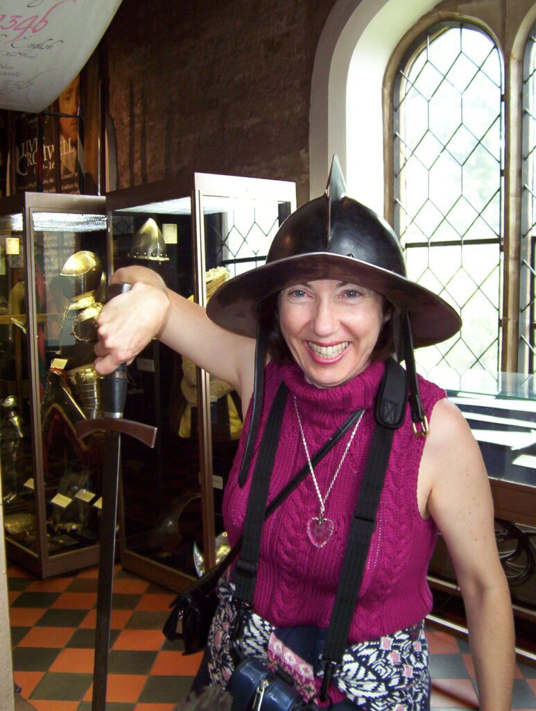image of jean in battle gear, warwick castle, england