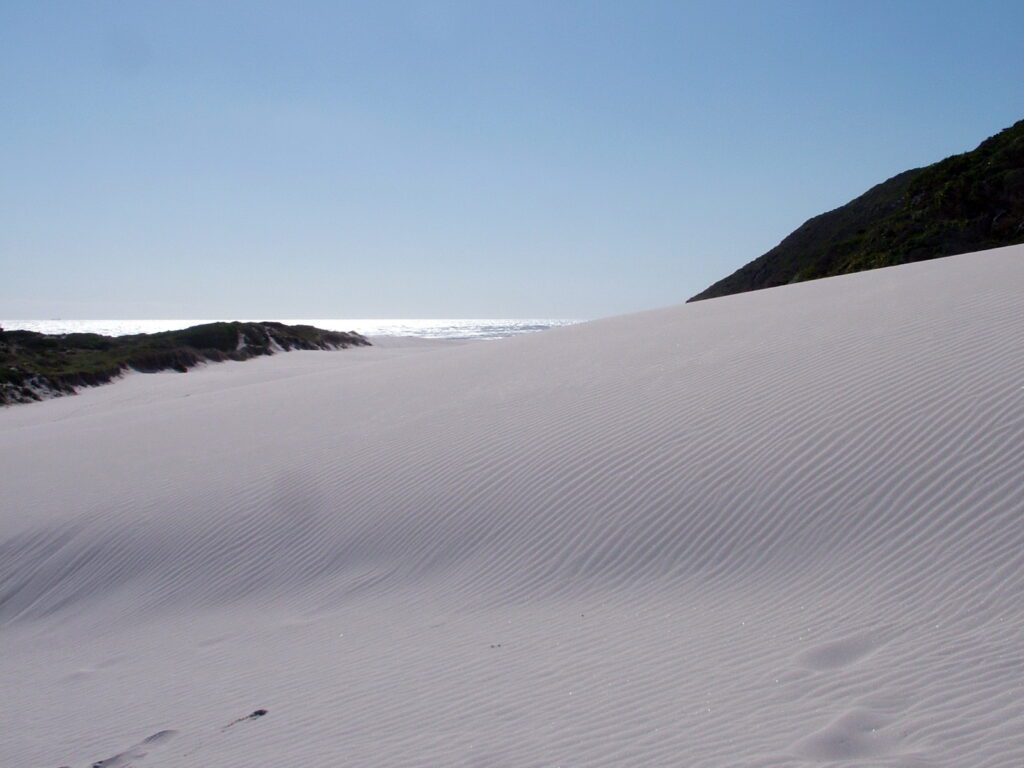 image of white sand dunes, platboom beach, south africa