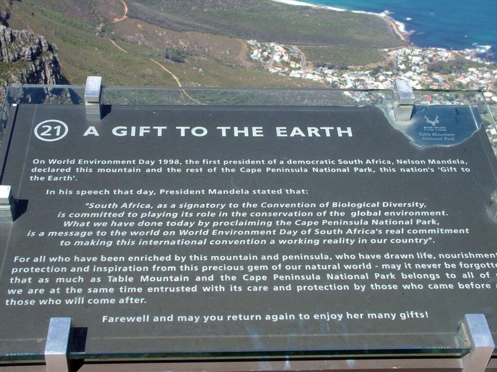 image of a plaque dedicating cape peninsula national park, table mountain, cape town, south africa