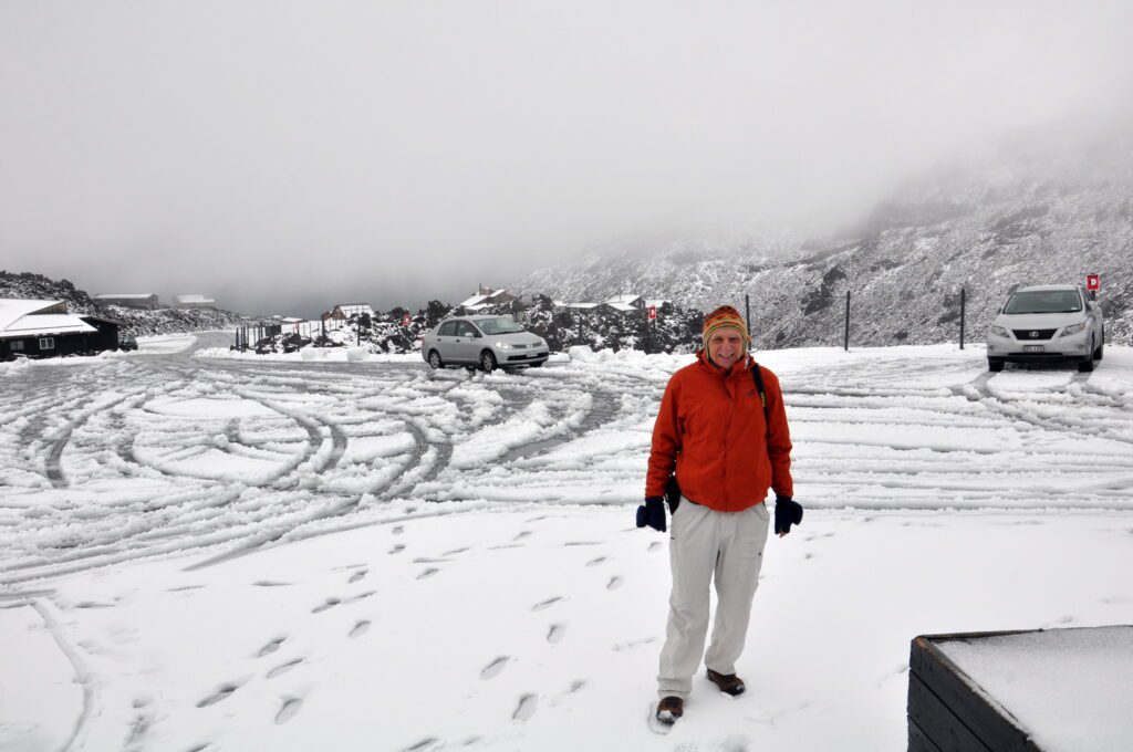 image of snowy parking lot, Mt. Tongariro National Park, New Zealand