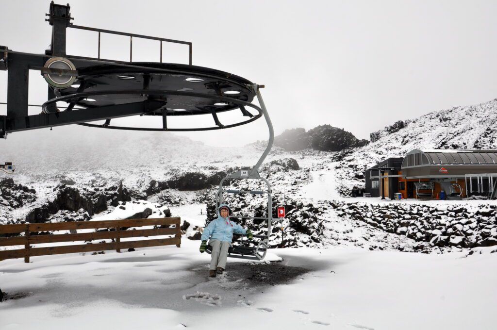 image of Jean on a chairlift, Mt. Tongariro National Park, New Zealand