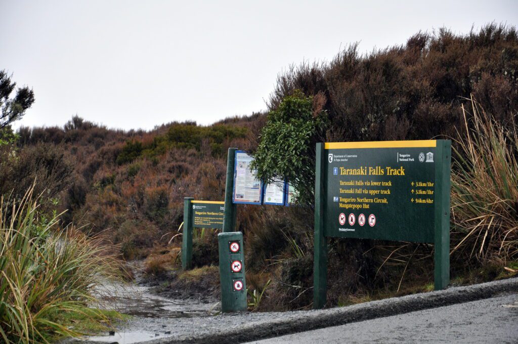image of trail sign for Taranaki Falls, Mt. Tongariro National Park, New Zealand