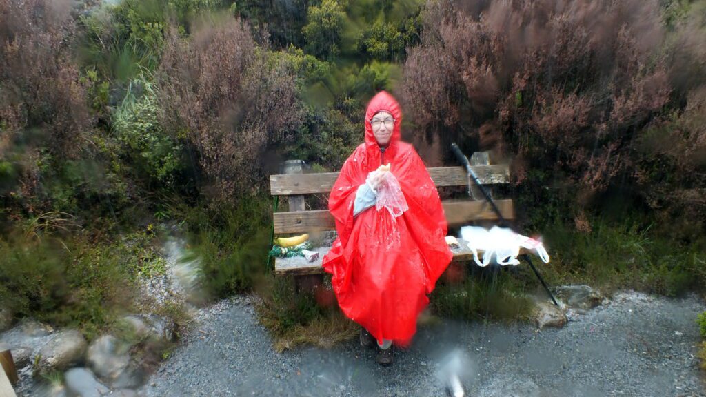 image of jean on a wooden bench, taranaki falls trail, Mt. Tongariro National Park, New Zealand