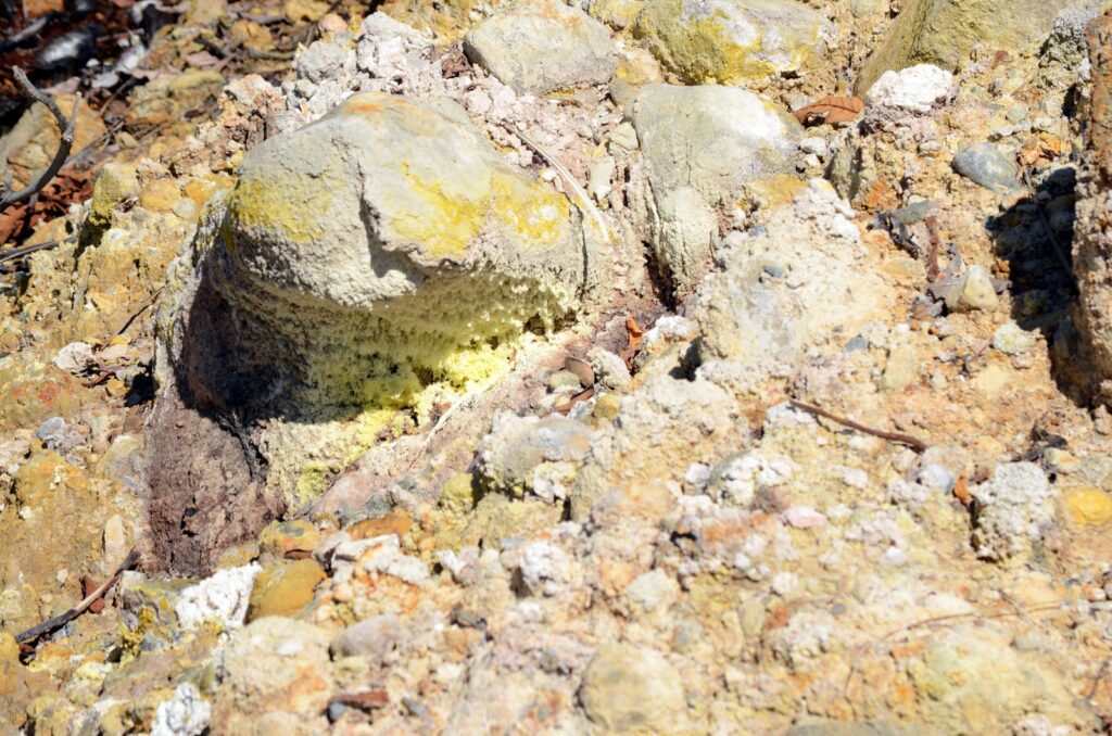 image of yellow sulphur crystals, las hornillas volcanic activity centre, costa rica