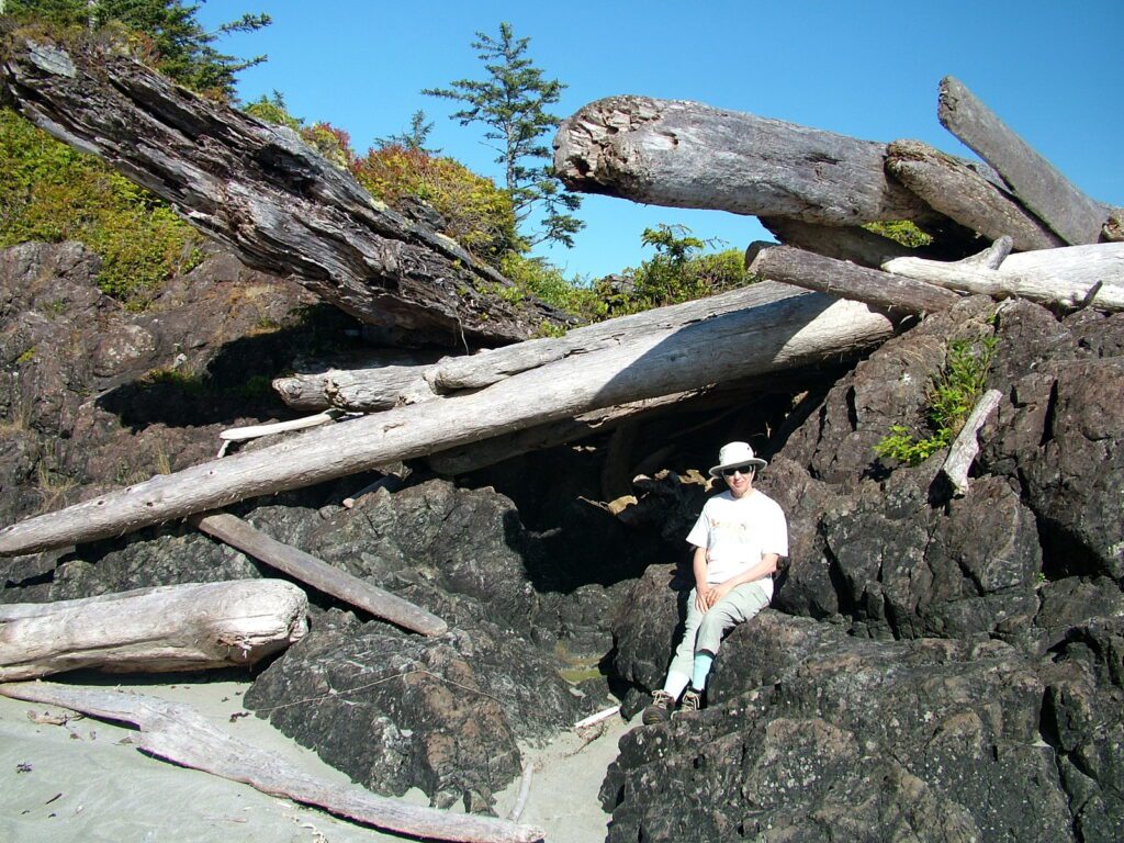 image of jean on the rocks, medallion beach, vargas island, british columbia