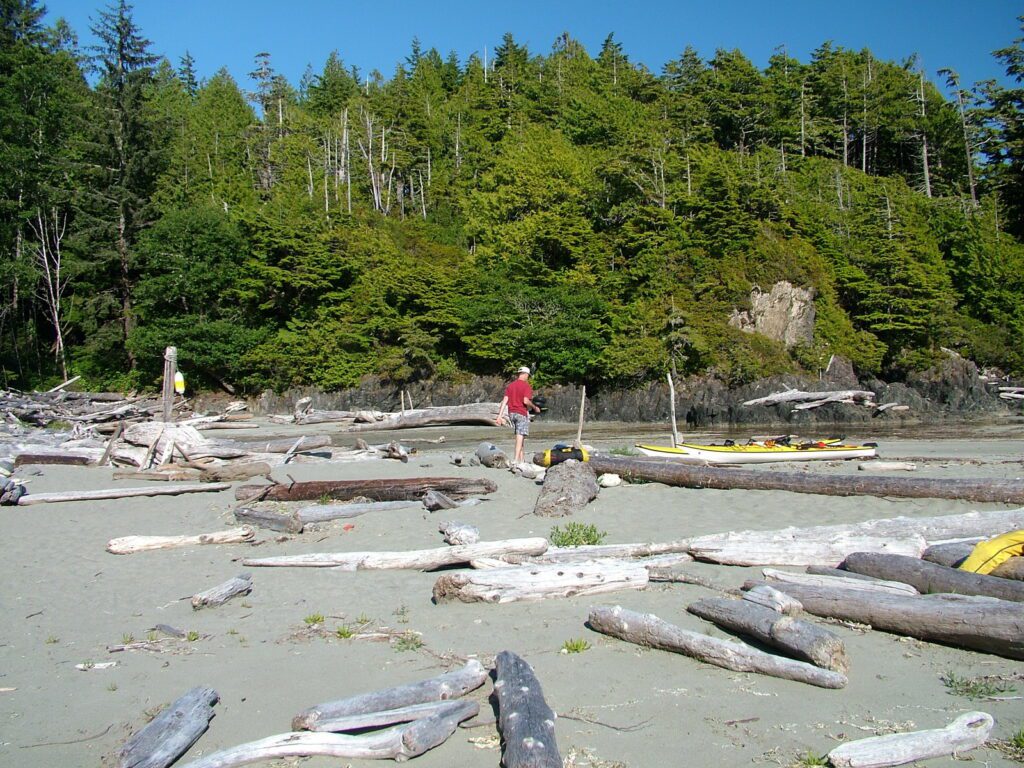 image of people and kayaks, medallion beach, vargas island, british columbia