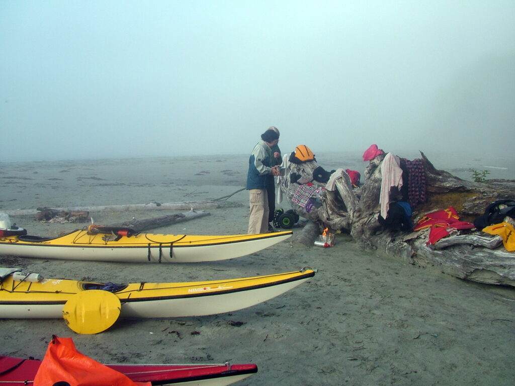 image of kayaks and campsite, vargas island, british columbia