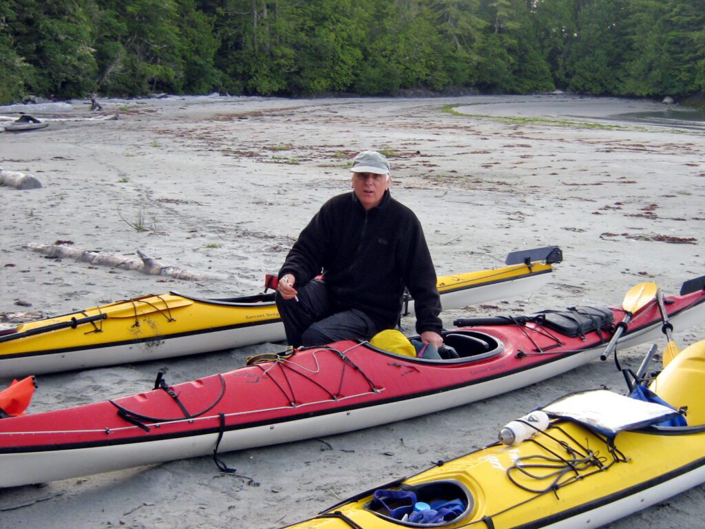 image of bob with kayaks, vargas island, british columbia