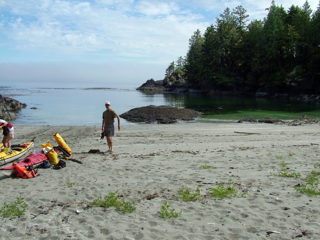 image of man on the beach, ahous bay, vargas island, british columbia