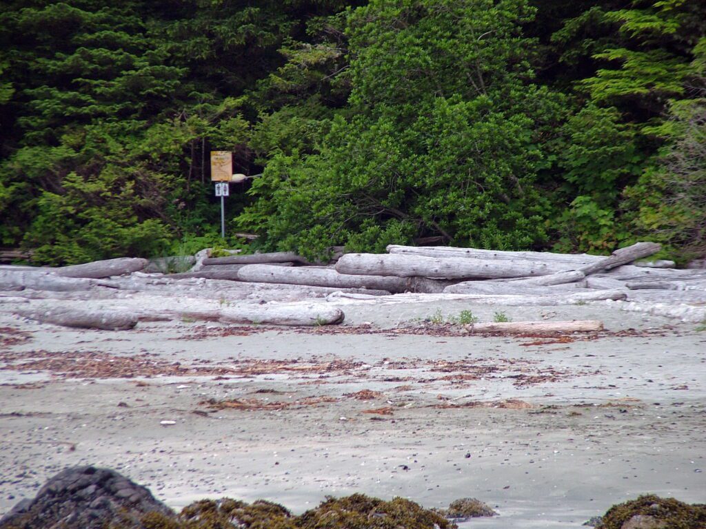 image of washroom sign on the beach, ahous bay, vargas island, british columbia