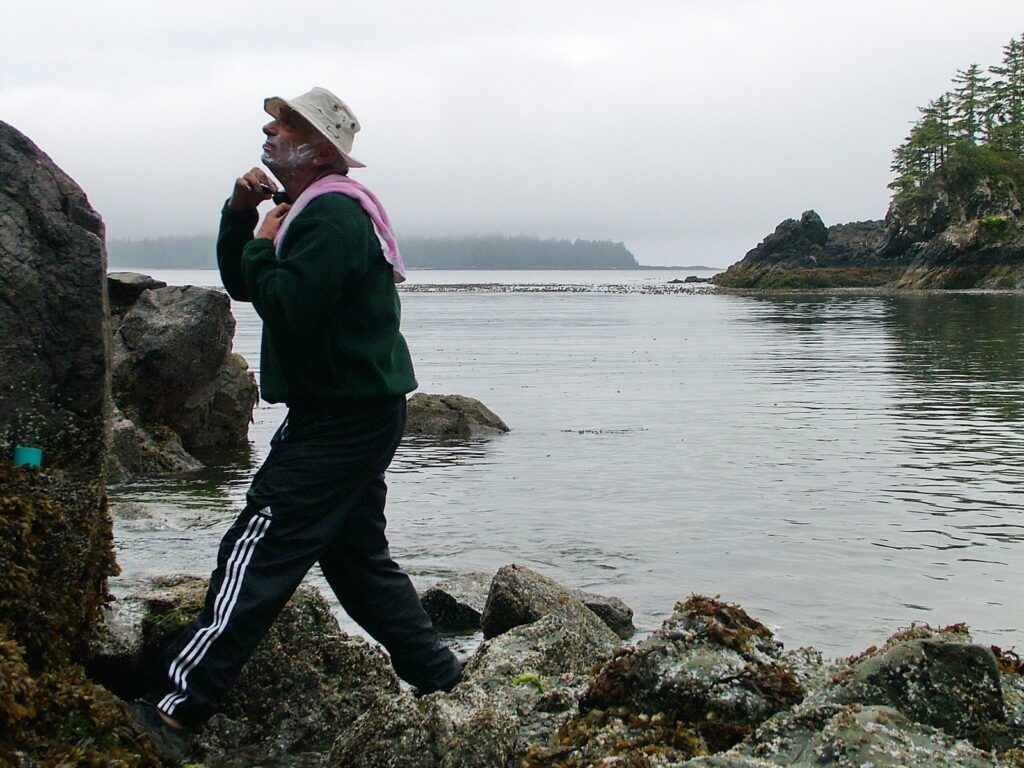 image of bob shaving, ahous bay, vargas island, british columbia