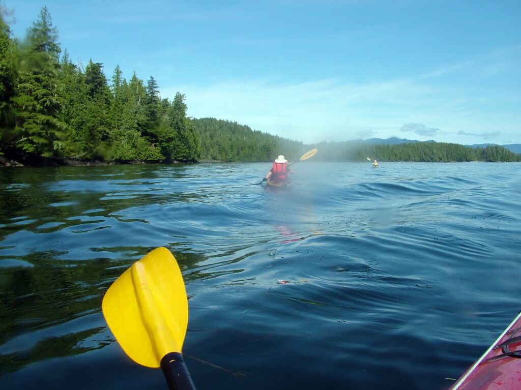 image of shoreline and kayakers, vargas island, british columbia