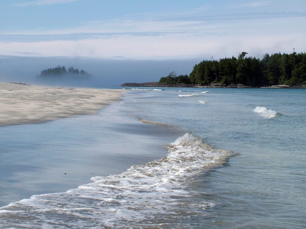 image of surf and a white sand beach, vargas island, british columbia