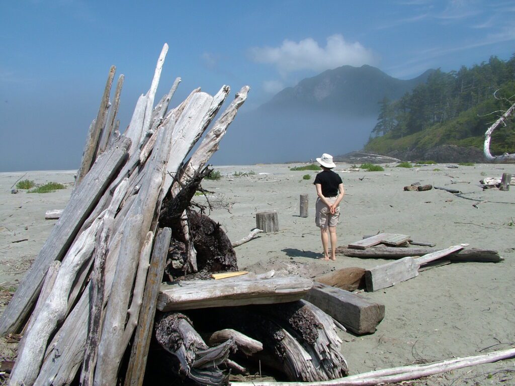 image of jean and driftwood, vargas island, british columbia