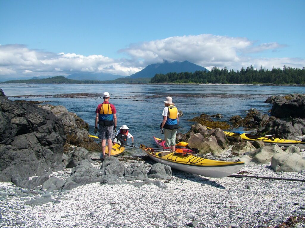 image of people launching kayaks , la croix group off vargas island, british columbia