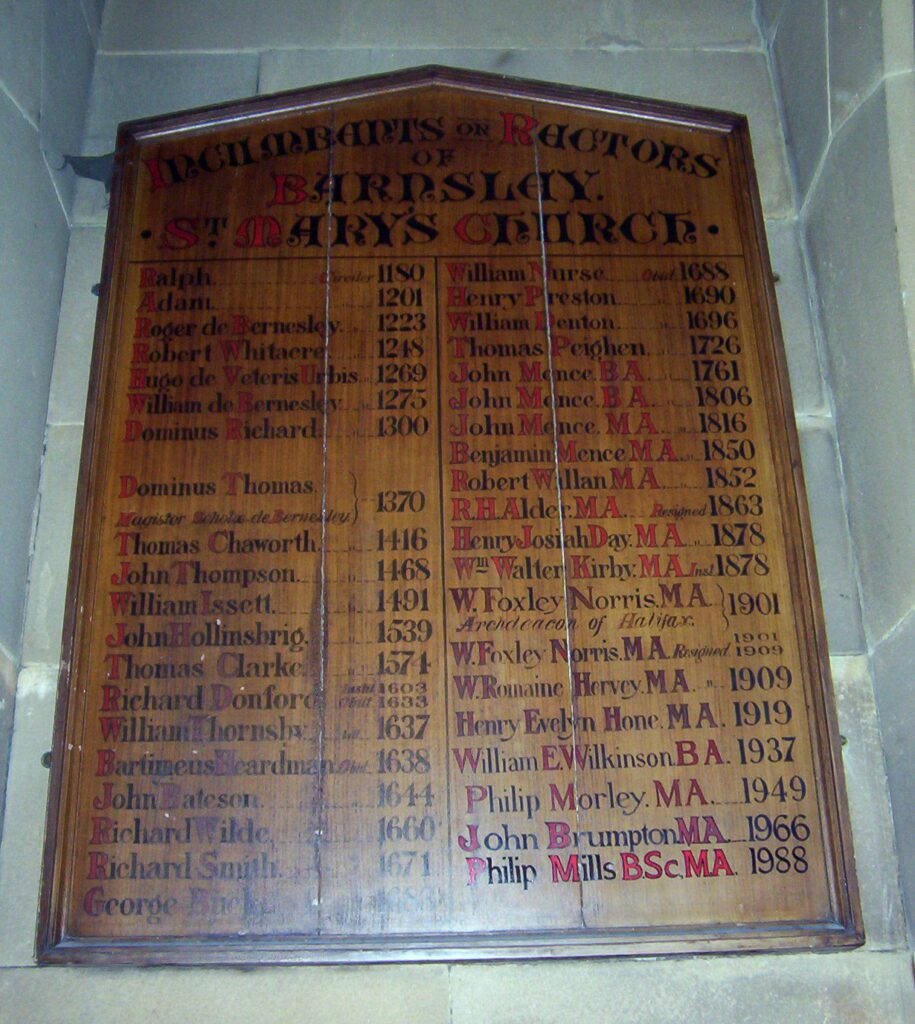 image of the list of pastors, St. Mary's Church, Barnsley, South Yorkshire, England