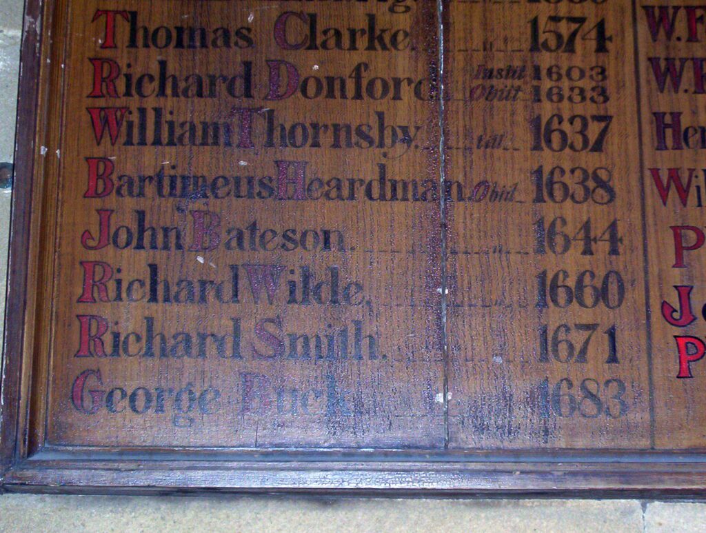 image of the names of pastors, St. Mary's Church, Barnsley, South Yorkshire, England