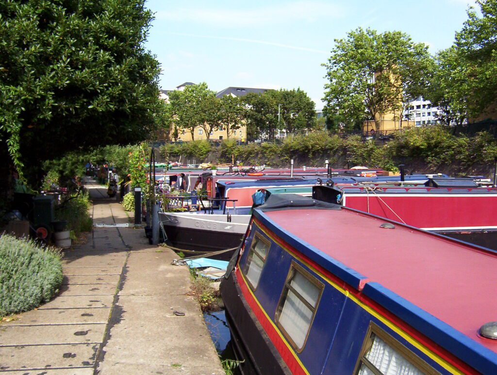 image of narrowboats and canal boats, Regent's Canal, Camden Town, London, England