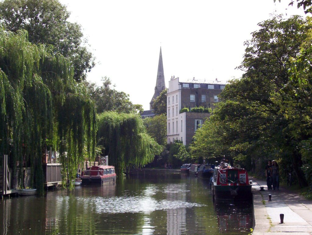 image of St. Mark's Church from Regent's Canal, Camden Town, London, England