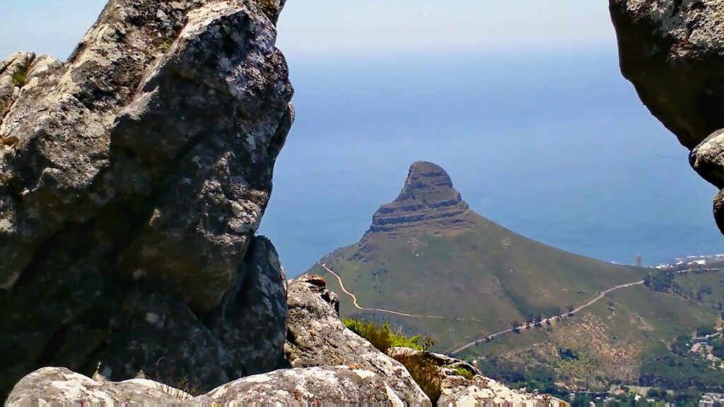 image of lion's head from top of table mountain, cape town, south africa