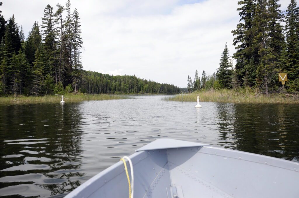 image of channel and markers, Hanging Heart Lakes, Prince Albert National Park, Saskatchewan