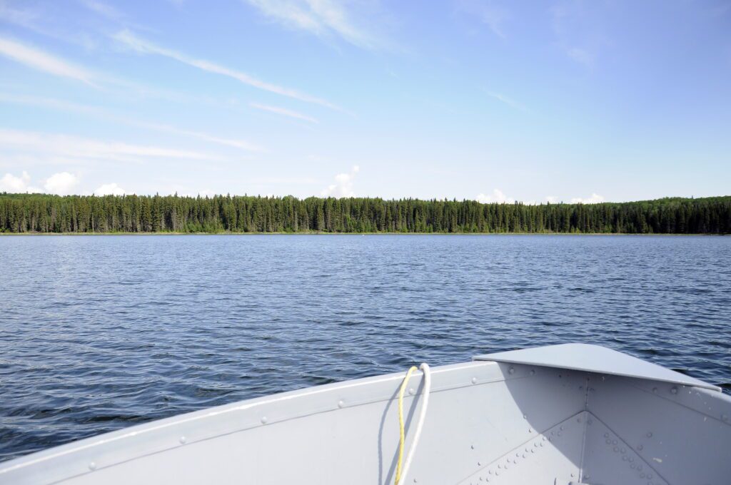 image of the treed shoreline, Hanging Heart Lakes, Prince Albert National Park, Saskatchewan